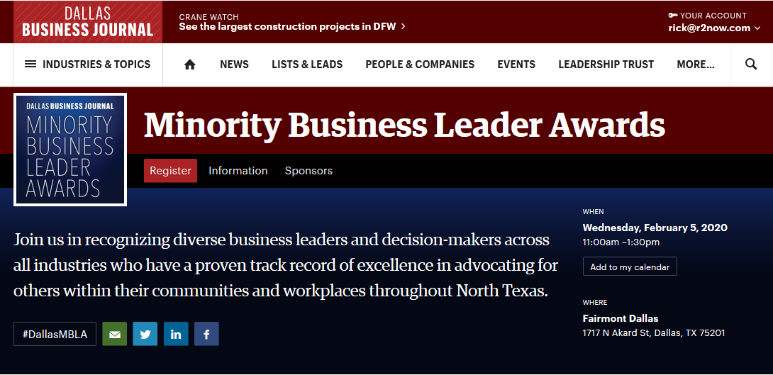 Minority Business Leader Award 2020 - R2 Technologies